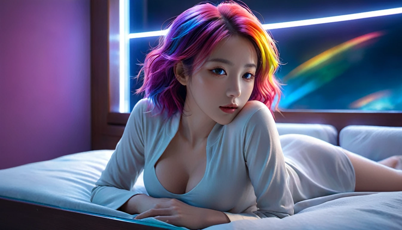 (Highest quality,8K,Super detailed:1.2),(CG,CG Art,3D Rendering),(masterpiece:1.2),（Crawling on the table），（Sexy Outfits），(Cinema Lighting,Futuristic),(Woman lying in bed,Sleep,close your eyes),(The big window behind her,quiet night),(Colorful Hair:1.5)