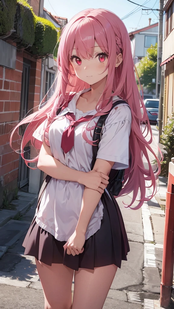 Girl with long wavy pink hair, with red eyes, dressed in cute clothes in high school. With her boyfriend, un chico de cabello negro with red eyes.