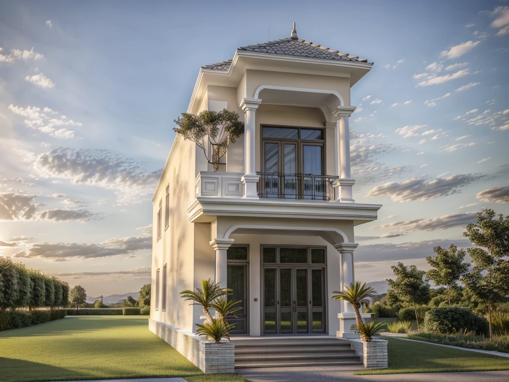 PLATFORM KTHOUSE, neoclassical villa, main materials of the villa are white walls: 1.2 and stone: 1.2, ((stone fence : 1.2)), 1 track in front of the house, (RAW photo, real, best quality, masterpiece: 1.2 ), neoclassical style, blue sky :1.3, (super realistic, actual photo:1.2), high quality, (sunrise light:1.3), perfect lighting, Archdaily, (many green trees)