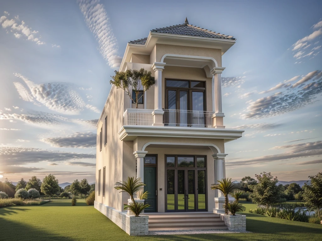 PLATFORM KTHOUSE, neoclassical villa, main materials of the villa are white walls: 1.2 and stone: 1.2, ((stone fence : 1.2)), 1 track in front of the house, (RAW photo, real, best quality, masterpiece: 1.2 ), neoclassical style, blue sky :1.3, (super realistic, actual photo:1.2), high quality, (sunrise light:1.3), perfect lighting, Archdaily, (many green trees)