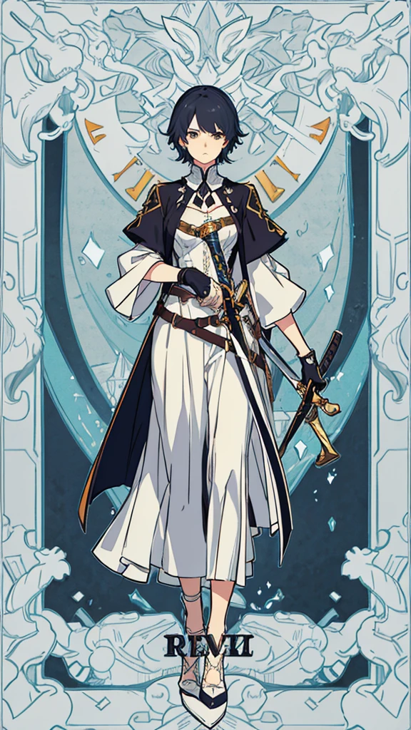 (masterpiece, 4K ,Super detailed:1.2), (anime:1), (Perfect quality), The whole body is shown, View Viewer, Holding a sword, tall, Desperate look, Ultra violent women, Short Hair, Powerfully々And, RPG concept art character, Elegant appearance