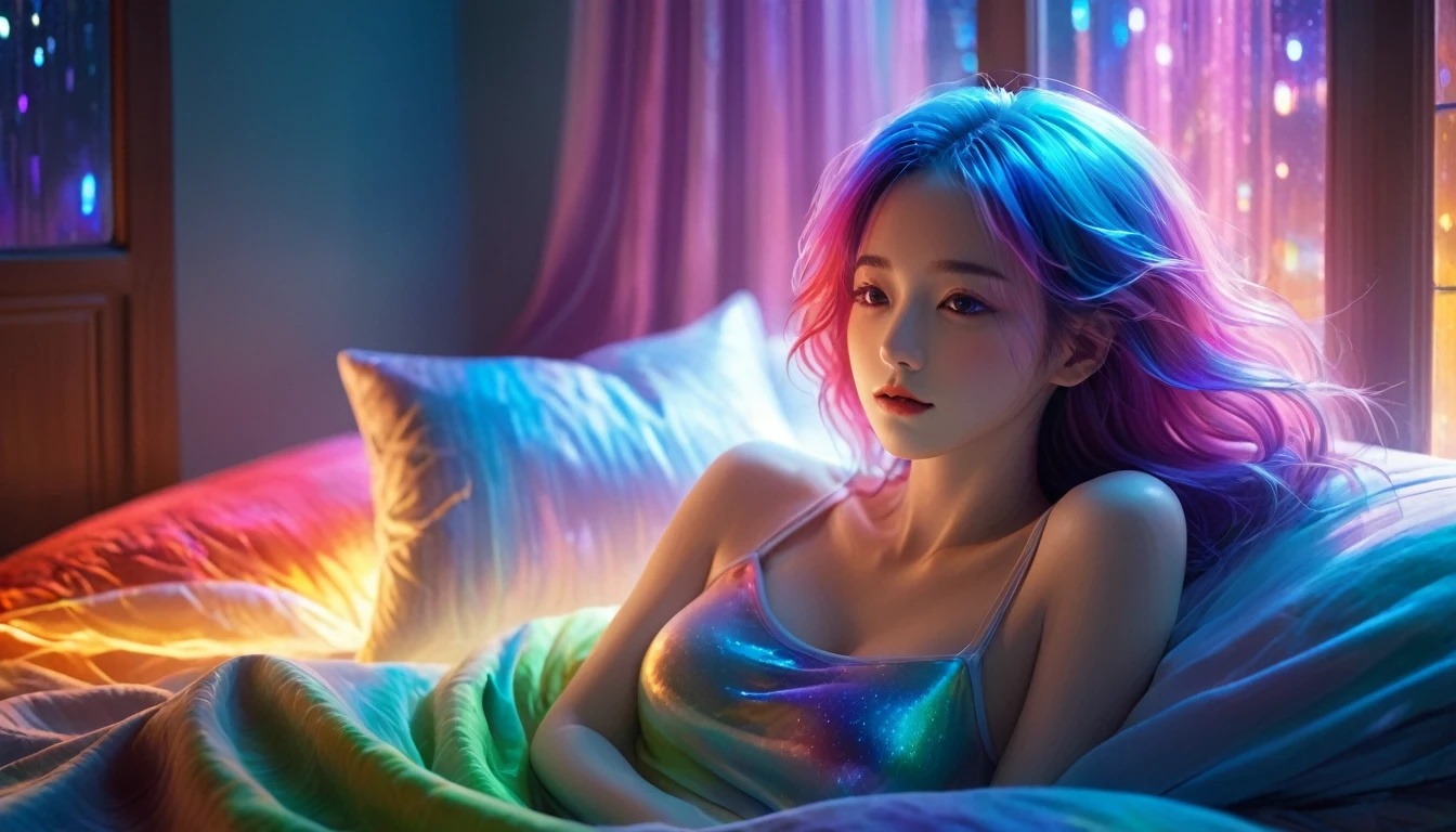 {{masterpiece}}, Highest quality, Highly detailed CG synthesis 8k wallpaper, Cinema Lighting,, Woman lying in bed，Blankets and pillows nearby,Close your eyes and sleep，Large window at the back， quiet night. , Multi-colored hair, (colorful:1.5), (colorful hair:1.5),