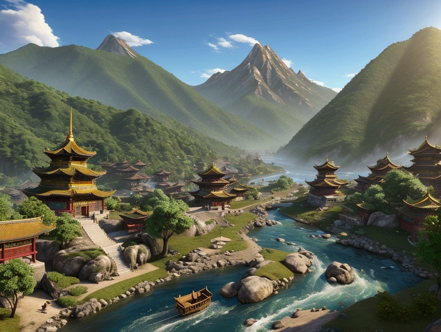 3d fantasy world with a big mountain, a village with Chinese ornaments at the foot of the mountain, a clean river, sunny weather. very detailed and cinematic lighting.