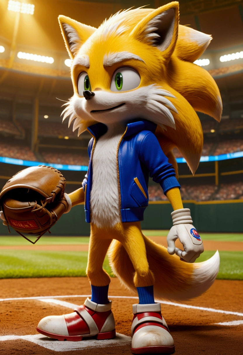 Baseball Player, Miles Prower from "Sonic the Hedgehog", yellow fox, full body, cinematic still, cinemascope, (best quality, masterpiece), very aesthetic, perfect composition, intricate details, ultra-detailed, vivid colors