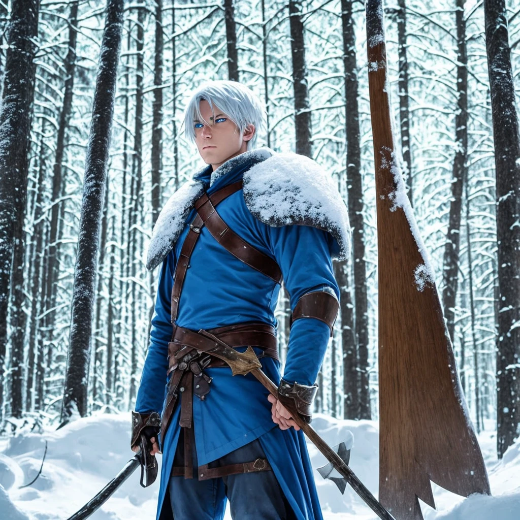 Warrior in sponge armor, stands in the middle of the winter forest, holding a shield and an ax in his hands, white flag behind, trees and snow around, blue eyes, white hair in anime drawing