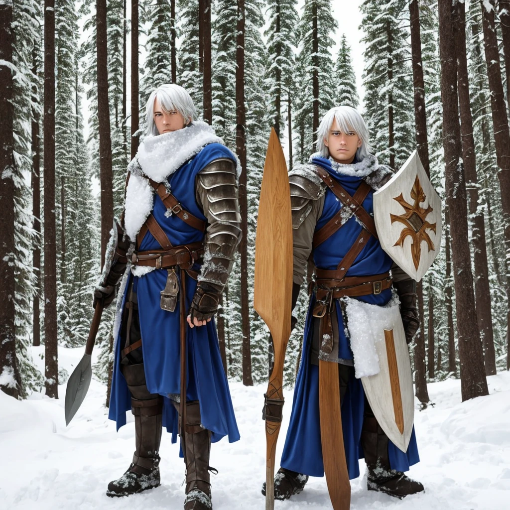 Warrior in sponge armor, stands in the middle of the winter forest, holding a shield and an ax in his hands, white flag behind, trees and snow around, blue eyes, white hair in anime drawing