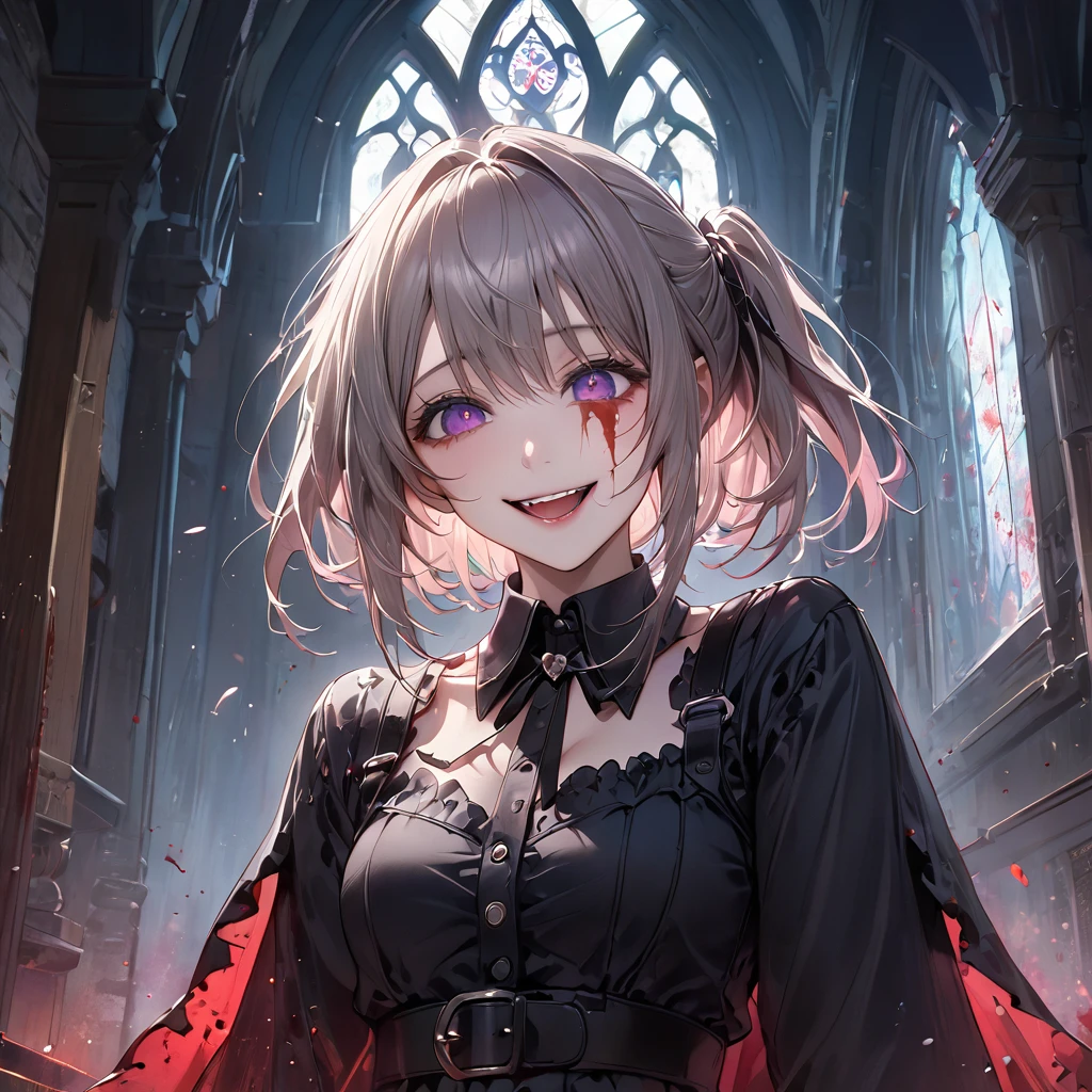 One Girl, masterpiece, View your audience, illumination, Particles of light, Gray Hair, Torn clothing, crazy, Yandere, Psychopathic, crazy expression, Licking lips, The pupils constrict, crazy smile, crazy eyes, Conceit, Gothic architecture, Big window behind the girl, Charming Western Alley、Gothic architecture、Western architecture、Fantasy World、, (Blood splatter:1.7)