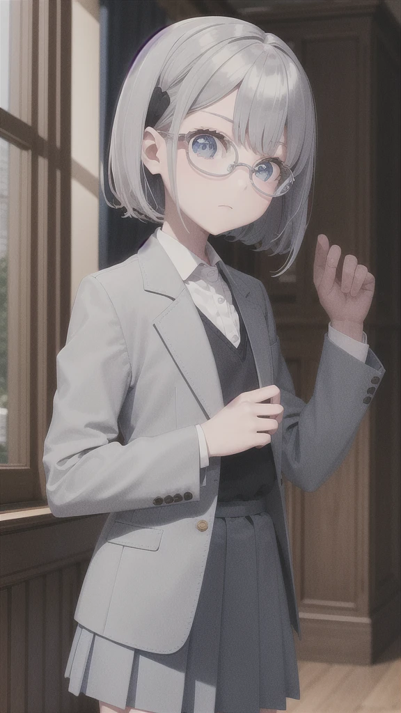 (masterpiece), (best quality), ((very detailed)), (very delicate), One girl, ???, solo, (full shot), cyan eyes, sparkling eyes, droopy eyes, boston eyewear, worried,(Silver gray hair),Short messy hair, Barrette, Medium chest, Blazer uniform , platinum blonde, White skin, Schoolyard, evening