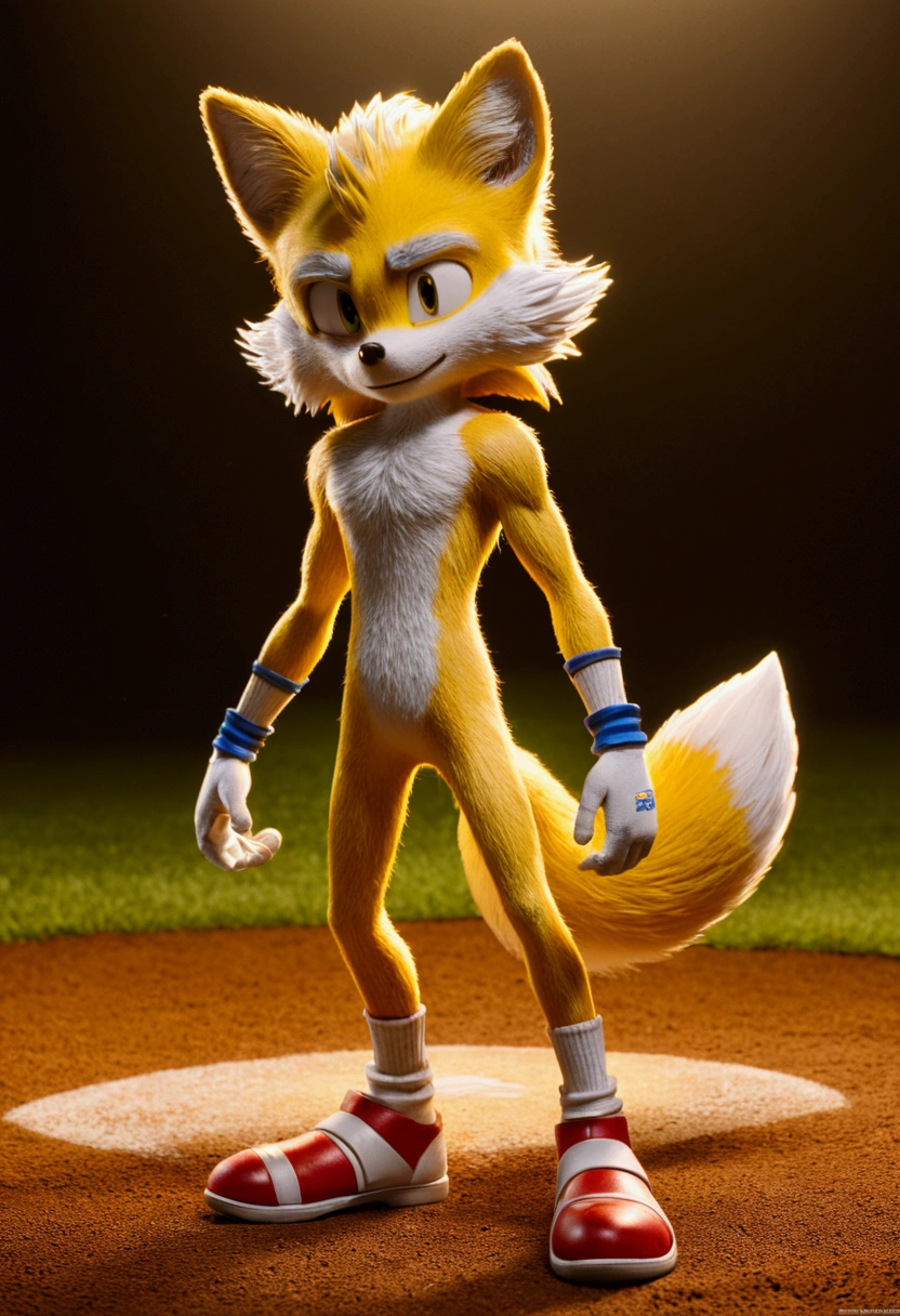 Baseball Player, Miles Prower from "Sonic the Hedgehog", yellow fox, full body, cinematic still, cinemascope, (best quality, masterpiece), very aesthetic, perfect composition, intricate details, ultra-detailed, vivid colors