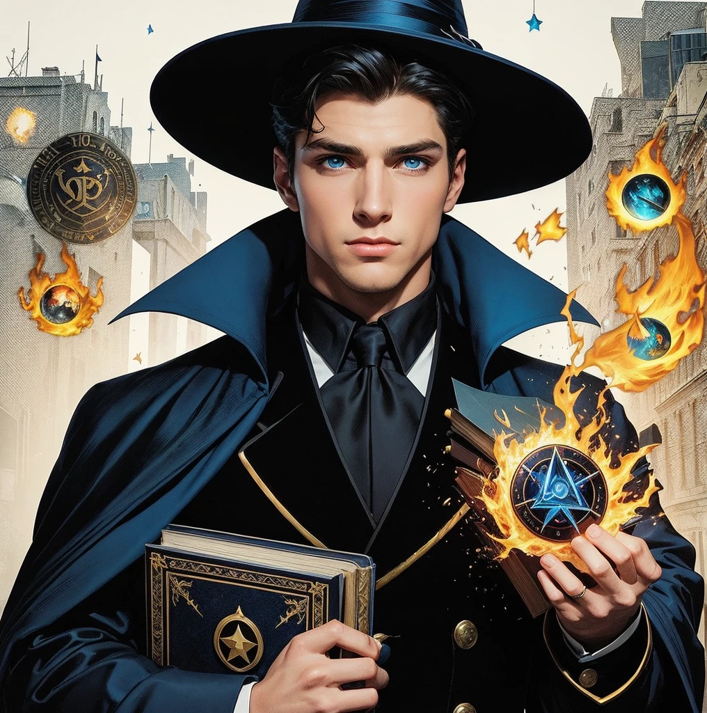 American classic comic book art: handsome young man, black short hair, navy blue wizard hat, navy black suit, fire magic, holding a blue magic book, blue eyes, elegant, city, wide sleeves, creating spells, library.