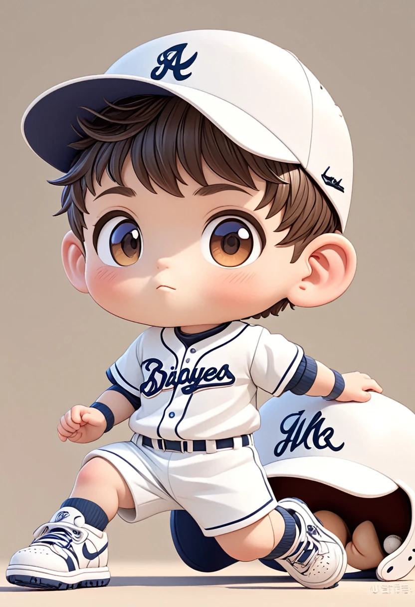 ( Correct and perfect anatomy ) 3D Q version boy baseball player baseball player white hat jersey sneakers very cute looking at the viewer art with precise details anatomically correct, Super detailed, best quality.Detailed and exquisite masterpiece cartoon characters