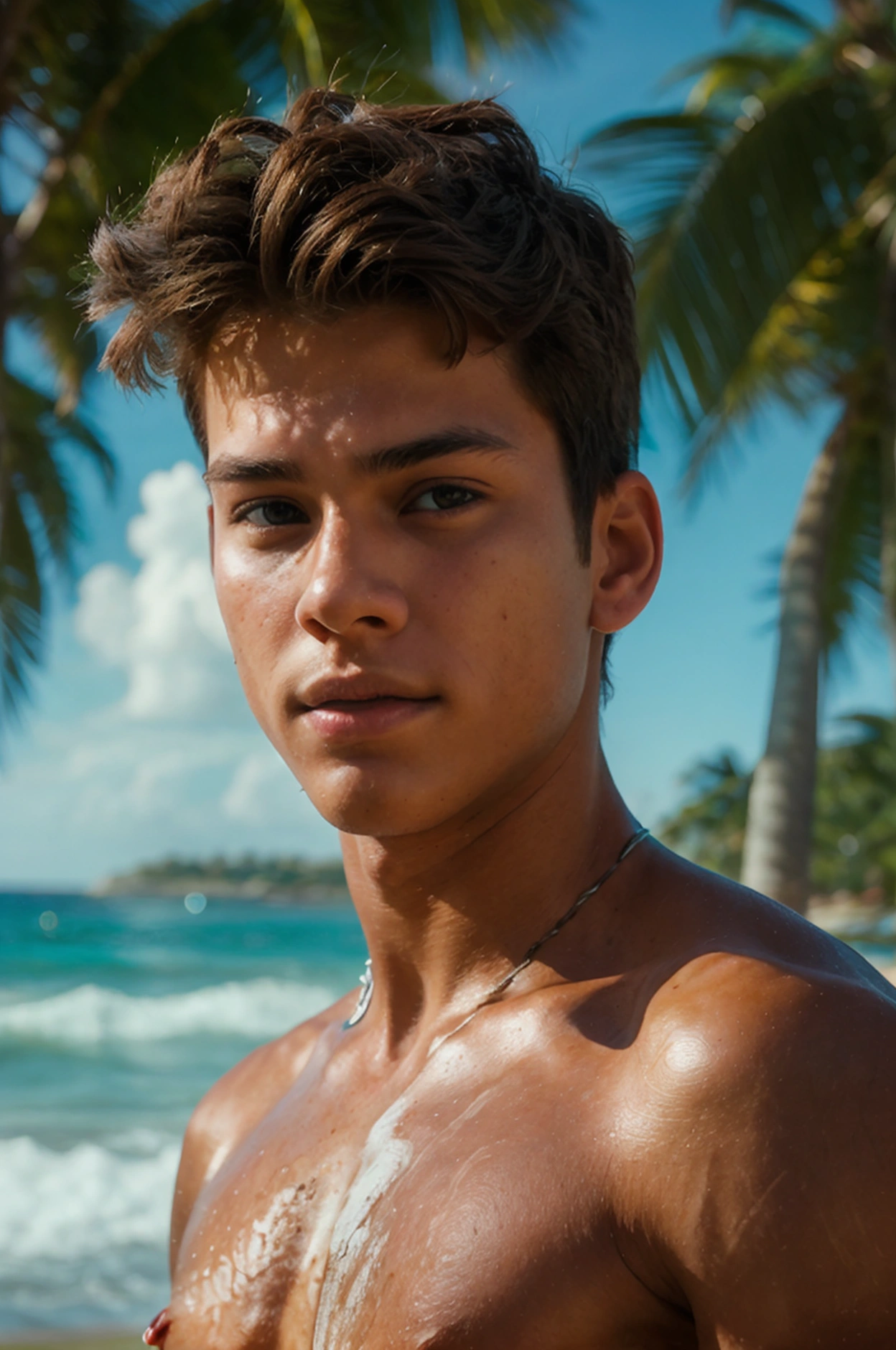 Realistic photo of solo handsome teenage men ,beach ,full body
