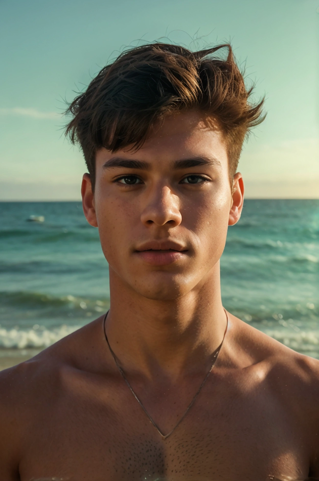 Realistic photo of solo handsome teenage men ,beach ,full body