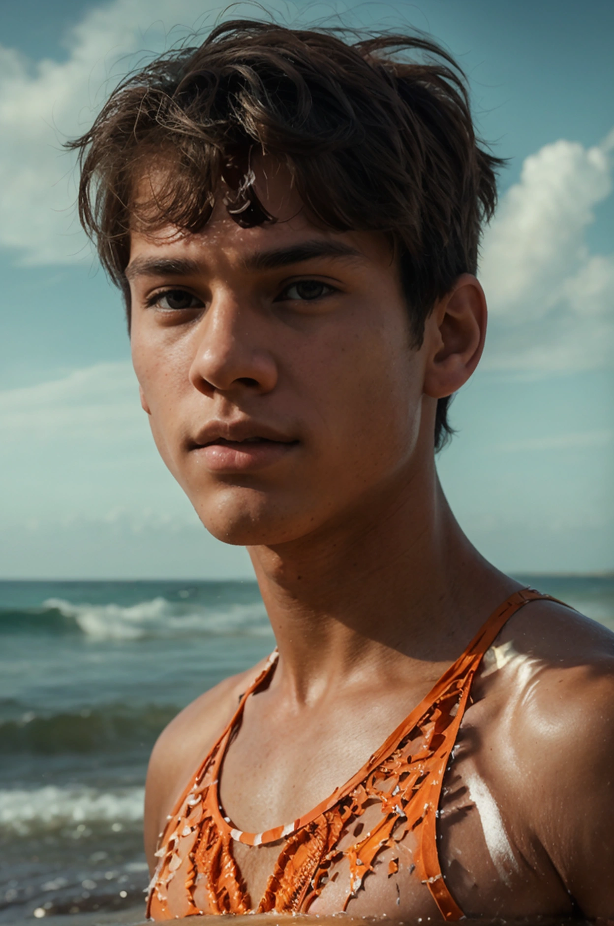 Realistic photo of solo handsome teenage men ,beach ,full body