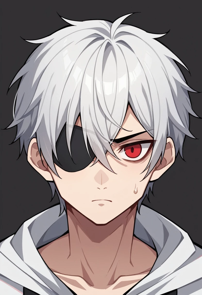 - **Hair:**
- The character has a striking head of white hair, symbolizing their unique heritage or a mysterious past.
- A noticeable patch of jet-black hair is on the left side, adding a dramatic contrast and hinting at a possible significant event or genetic anomaly.
- Their hairstyle features bangs that frame their face:
- The left bang cascades down, concealing one eye, lending them an enigmatic appearance.
- The right bang extends to the collar, emphasizing their cool, composed demeanor.
- **Eyes:**
- The hidden eye, concealed behind the left bang, is a vivid red, possibly indicating a special ability, lineage, or a traumatic experience that changed its color.
- The exposed eye is a striking blue, sharp and clear, reflecting their high intelligence and perceptive nature. Male boy , 14years old , one red eye that is covered by one bang and other is blue that is the reveled one