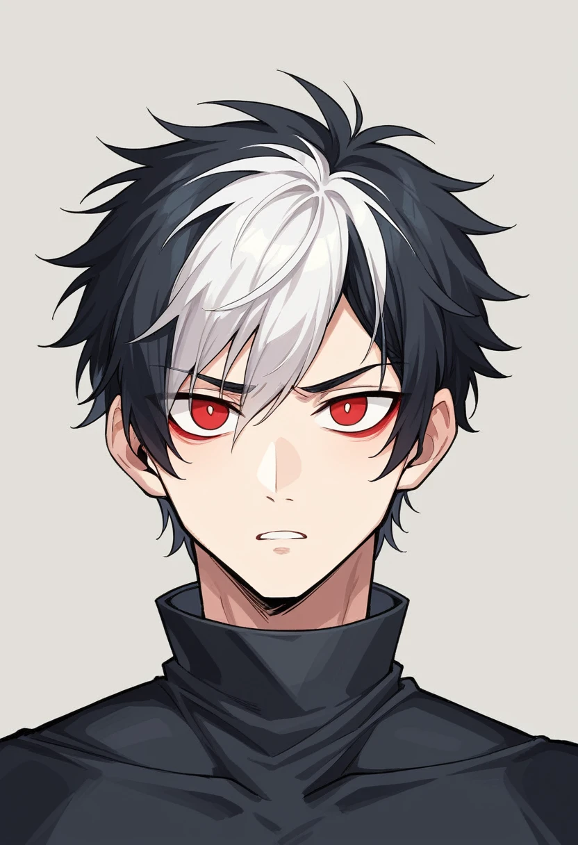 - **Hair:**
- The character has a striking head of white hair, symbolizing their unique heritage or a mysterious past.
- A noticeable patch of jet-black hair is on the left side, adding a dramatic contrast and hinting at a possible significant event or genetic anomaly.
- Their hairstyle features bangs that frame their face:
- The left bang cascades down, concealing one eye, lending them an enigmatic appearance.
- The right bang extends to the collar, emphasizing their cool, composed demeanor.
- **Eyes:**
- The hidden eye, concealed behind the left bang, is a vivid red, possibly indicating a special ability, lineage, or a traumatic experience that changed its color.
- The exposed eye is a striking blue, sharp and clear, reflecting their high intelligence and perceptive nature. Male boy , 14years old , one red eye that is covered by one bang and other is blue that is the reveled one