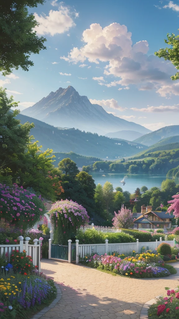 villa, Flowers by the fence, Roadside fence, Mountain landscape with lake and boats, Birds flying in the blue sky, Illustration Matte Paint, Thomas Kinkade (Thomas Kinkade) of inspiration, Symmetrical matte paint, Detailed scenery , Original style, 8K ultra-fine