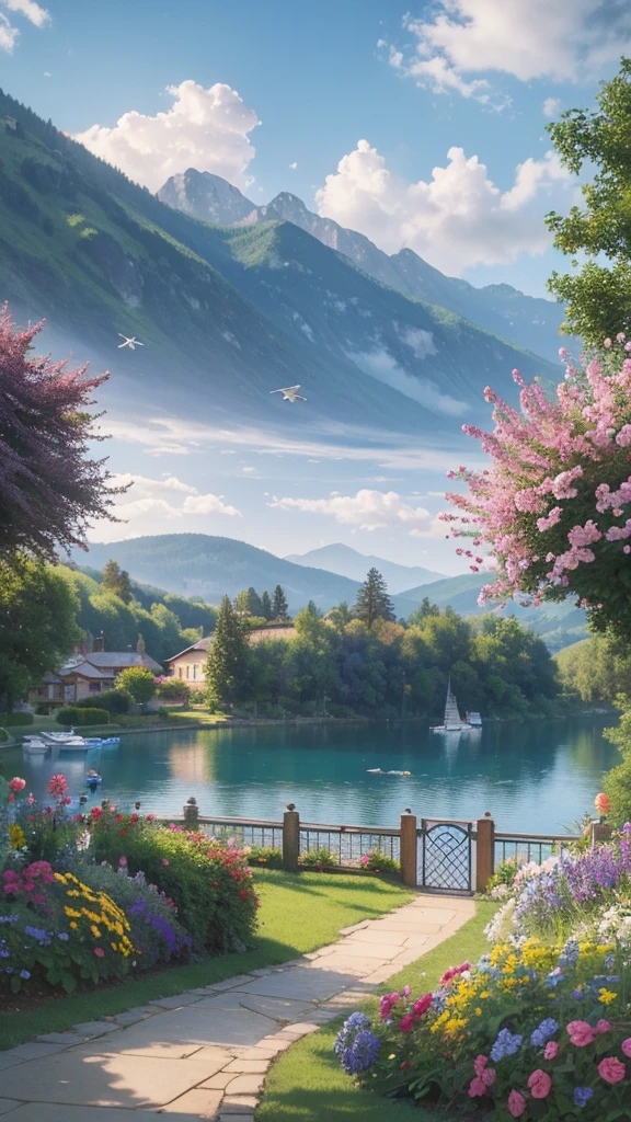 villa, Flowers by the fence, Roadside fence, Mountain landscape with lake and boats, Birds flying in the blue sky, Illustration Matte Paint, Thomas Kinkade (Thomas Kinkade) of inspiration, Symmetrical matte paint, Detailed scenery , Original style, 8K ultra-fine