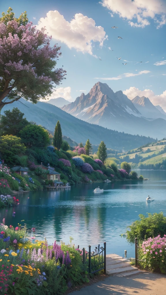 villa, Flowers by the fence, Roadside fence, Mountain landscape with lake and boats, Birds flying in the blue sky, Illustration Matte Paint, Thomas Kinkade (Thomas Kinkade) of inspiration, Symmetrical matte paint, Detailed scenery , Original style, 8K ultra-fine