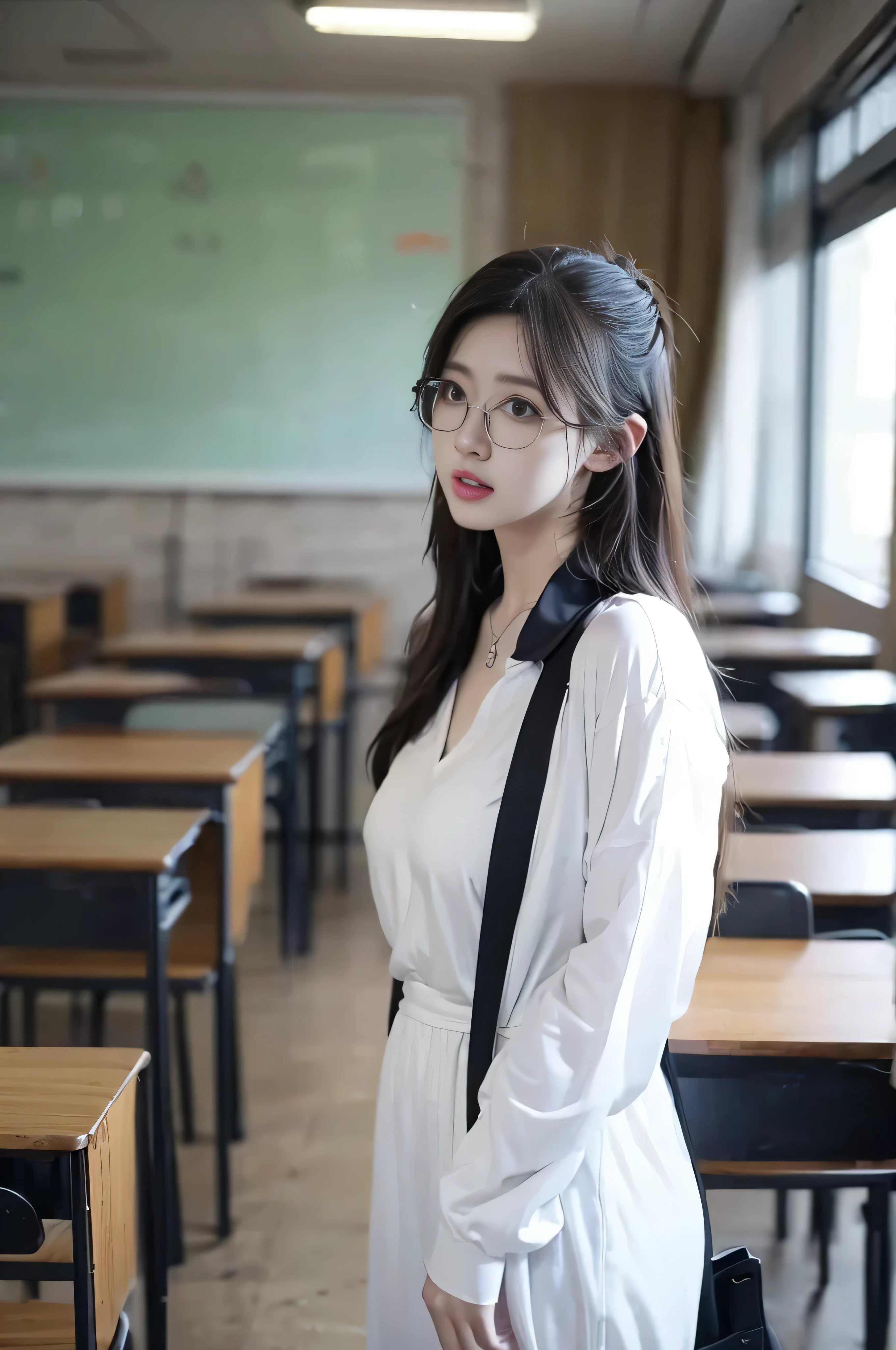 A female teacher，Wearing a solid color dress，in the classroom