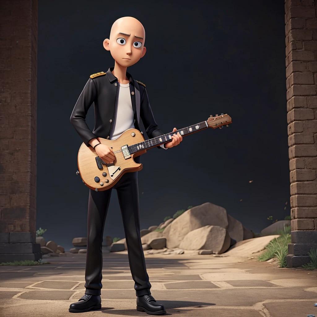 Saitama from one puch man in his uniform playing black guitar alone