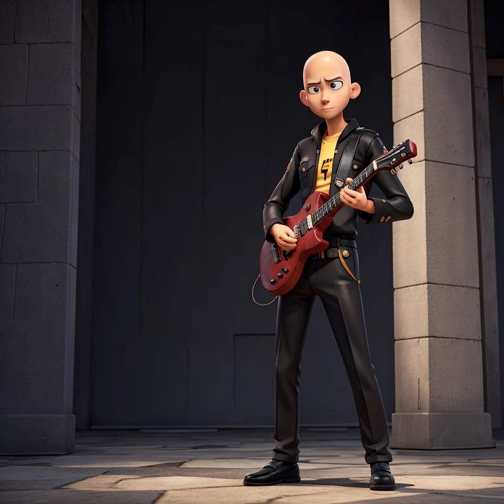 Saitama from one puch man in his uniform playing black guitar alone  