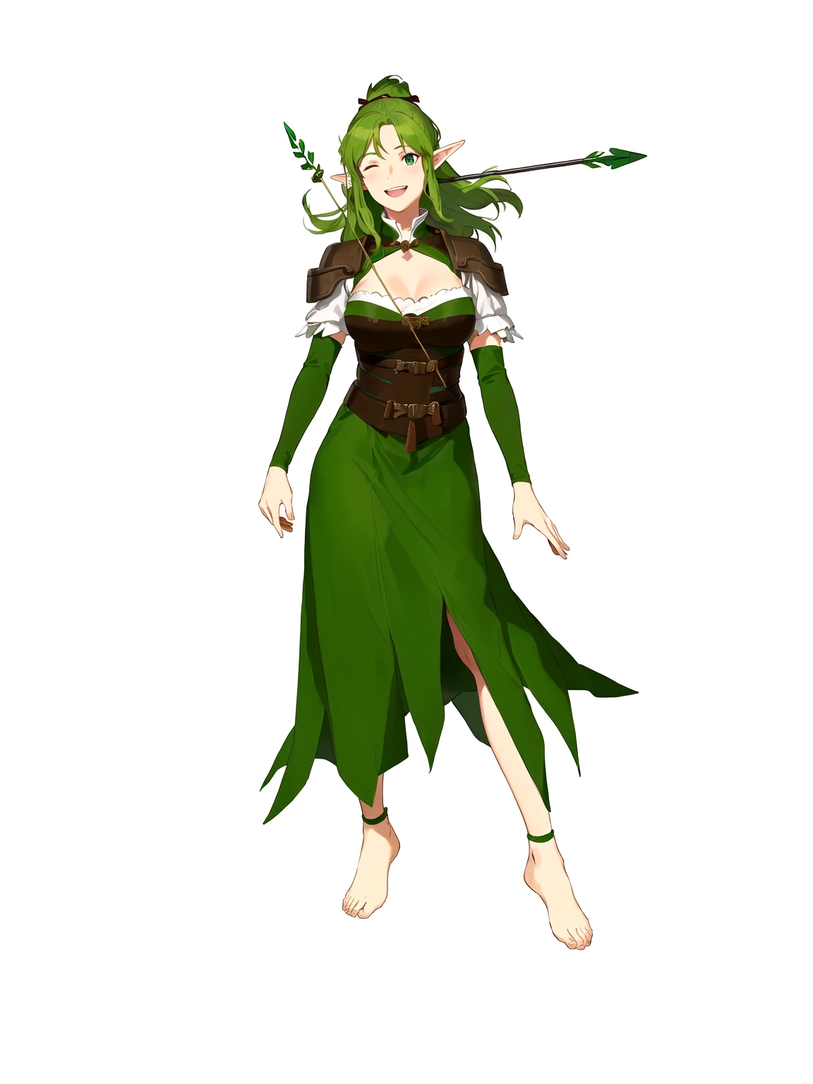 Anime, 1girl, 1woman, there is a woman dressed in a green dress with a bow and arrow, female forest archer, wood elf, (((mad))) elf princess, forest hunter lady, female elfling, female earth mage, female elf, beautiful wood elf, half elf woman, elven princess, elven warrior princess, elf princess knight, elf princess, female druid, forest dryad, (has a bow and arrow strapped to her back, her right eye was closed, her left eye was open, she was laughing, not wearing shoes)