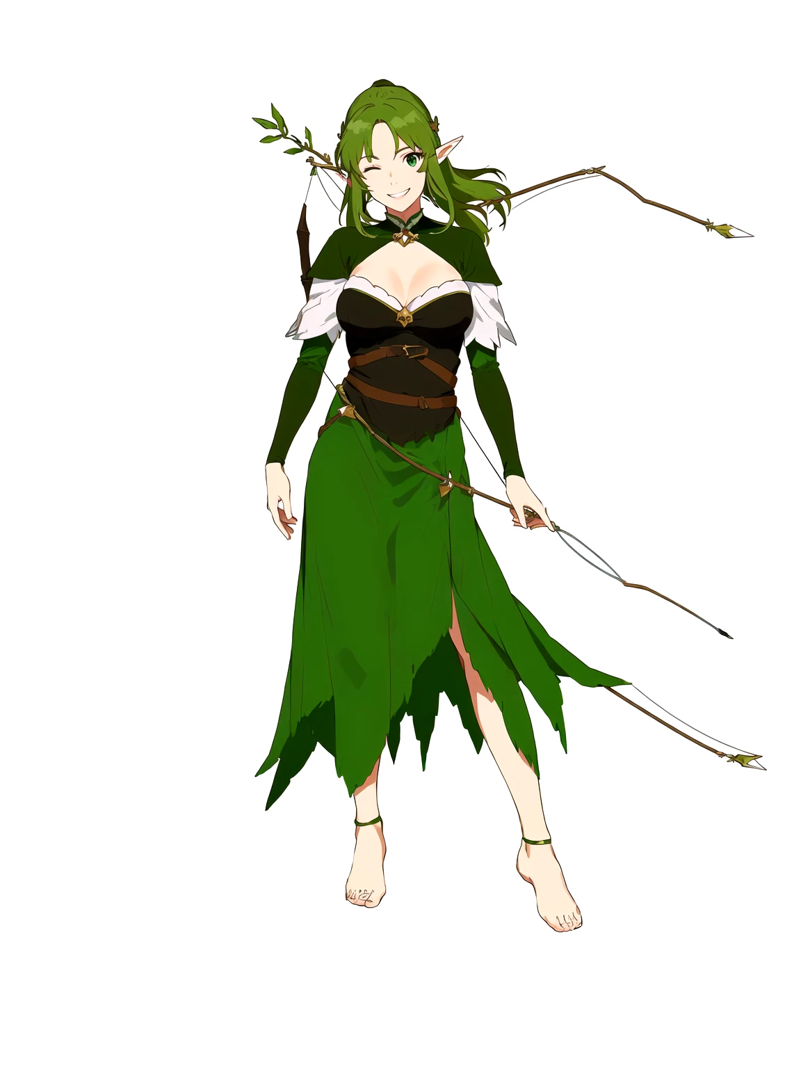 Anime, 1girl, 1woman, there is a woman dressed in a green dress with a bow and arrow, female forest archer, wood elf, (((mad))) elf princess, forest hunter lady, female elfling, female earth mage, female elf, beautiful wood elf, half elf woman, elven princess, elven warrior princess, elf princess knight, elf princess, female druid, forest dryad, (has a bow and arrow strapped to her back, her right eye was closed, her left eye was open, she was laughing, not wearing shoes)