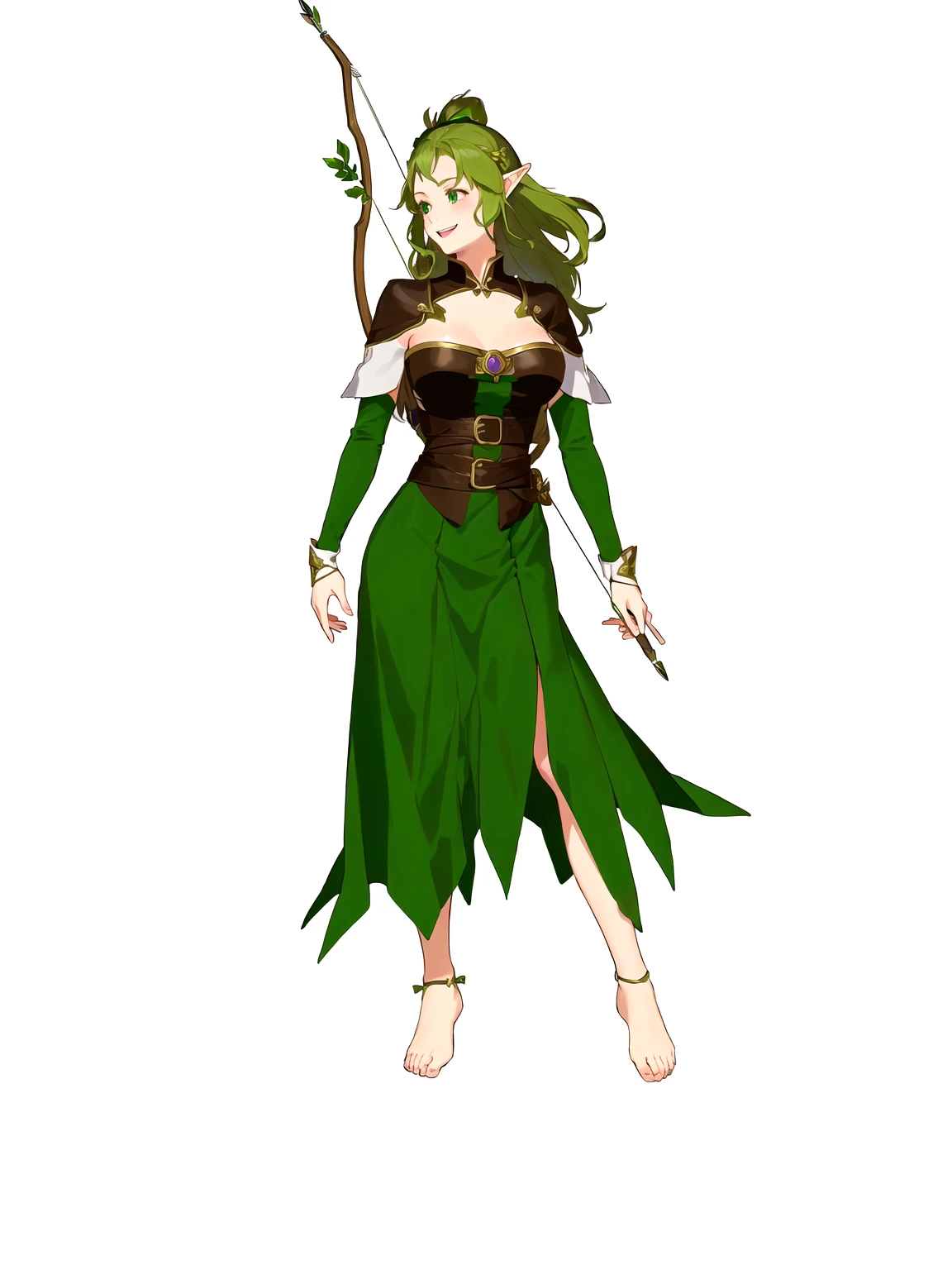Anime, 1girl, 1woman, there is a woman dressed in a green dress with a bow and arrow, female forest archer, wood elf, (((mad))) elf princess, forest hunter lady, female elfling, female earth mage, female elf, beautiful wood elf, half elf woman, elven princess, elven warrior princess, elf princess knight, elf princess, female druid, forest dryad, (has a bow and arrow strapped to her back, her right eye was closed, her left eye was open, she was laughing, not wearing shoes)