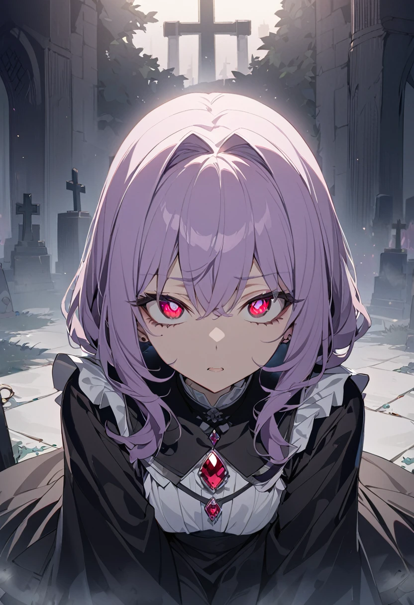 One girl, masterpiece, top quality, beautiful, big eyes, jewel eyes, ruby ​​eyes, light purple hair, long intakes, moe sleeves, black robe, grave, in the fog, anime