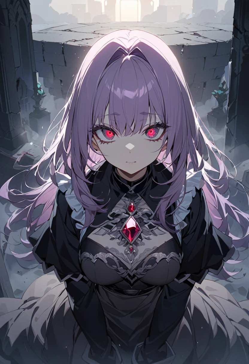One girl, masterpiece, top quality, beautiful, big eyes, jewel eyes, ruby eyes, light purple hair, long intakes, moe sleeves, black robe, grave, in the fog, anime