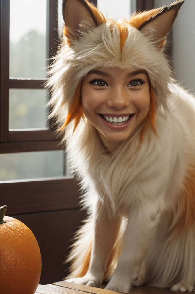 masterpiece, best quality, official art, Extremely detailed CG unified 8k wallpaper, overtakeDetails, Best Illustration, best shadow, perfect lighting,white fur, hairy male,hairy, Two-tone fur,striped hair, dog ears, animal ears,brown fur, bangs, orange hair, white hair, medium hair, Orange Eyes, alone,black pupils,Orange tail,hairy tail,tall and strong,Smile,toothy,solo,hairy,hairy tail,Detailed background,4K,CG beautiful,depth of field, perfect lighting, The highest quality of light particles),(masterpiece),(overtake,sharp focus,light particles,eyes,watching_exist_audience, Smile, alone, hairy,Endearing,Upper body, Sunlight, table,Sharp eyes,White teeth,Cheerful Smile,Upper body,office,table,window,optimistic,Serious yet dignified,only,young,overtake clear screen,soft lines,(overtakeDetails),depth of field, motion blur,Smile