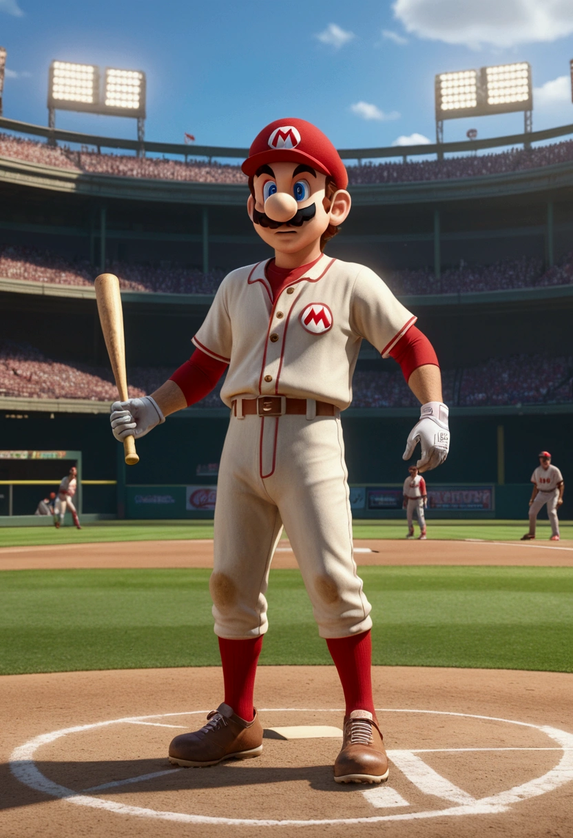 Baseball Player, Mario, cartoon style, full body, cinematic still, cinemascope, (best quality, masterpiece), very aesthetic, perfect composition, intricate details, ultra-detailed, vivid colors