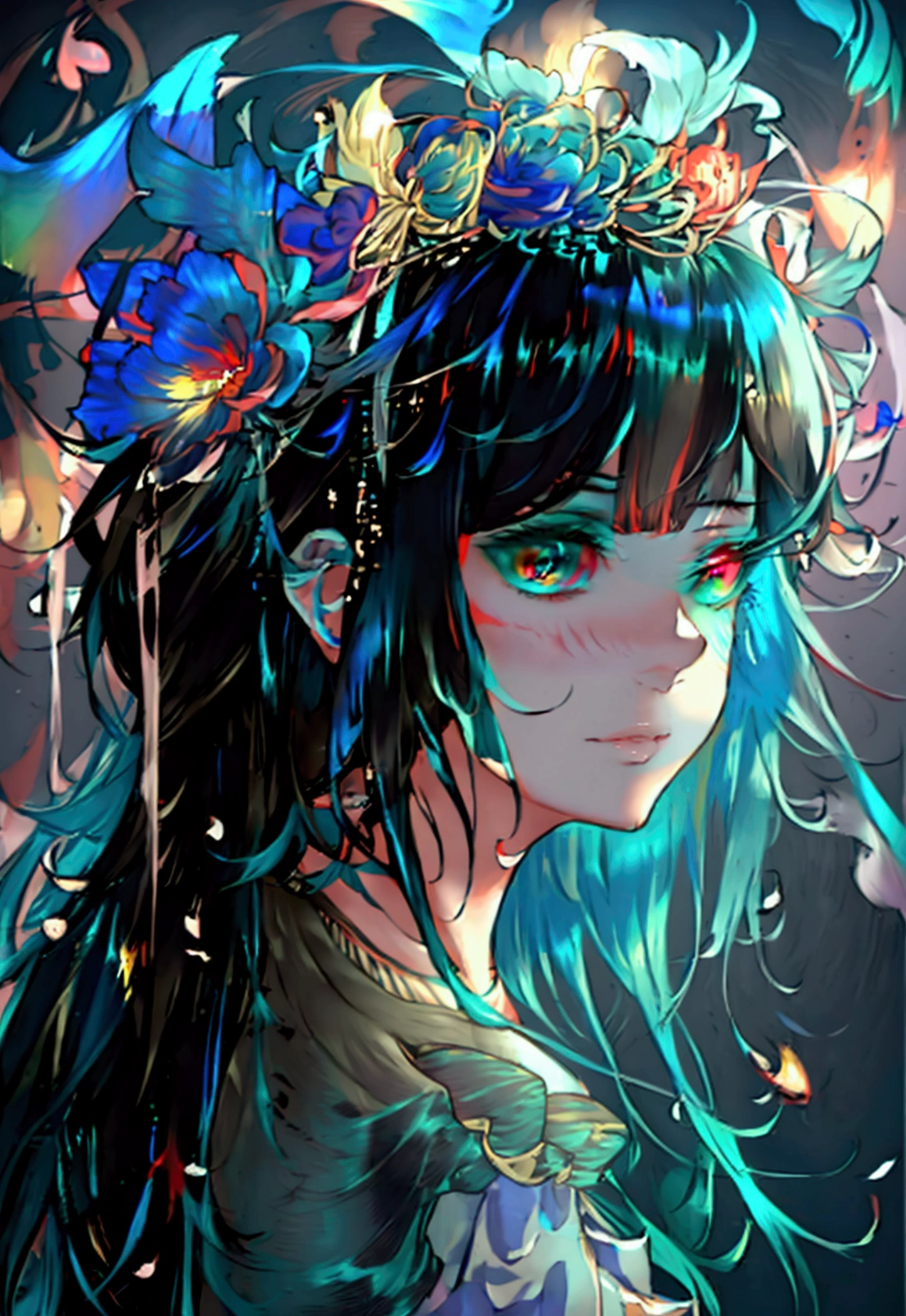 (ink splashing), color splashing, (amazing), ((1girl)),(beautiful detailed face), (close to viewer),((absurdly long hair,multicolored hair,gradient hair,shiny hair,streaked hair,aqua hair,colored inner hair,alternate hair color,hair up,crossed bangs,hair wings,disheveled hair,hair strand,crossed bangs,hair between eyes,musical note hair ornament)) ,((extremely beautiful and detailed eyes,multicolored eyes,gradient eyes,glowing eyes,sparkling eyes,eyeshadow)),flowing long black hair, ru dress, blue streaked hair, red eyeshadow, {sea of (lycoris radiata)},((higanbana)), dynamic angle, flowing detailed ribbon, starry night, medium breasts, black hair, messy long hair,best quality, amazing quality, very aesthetic, absurdres