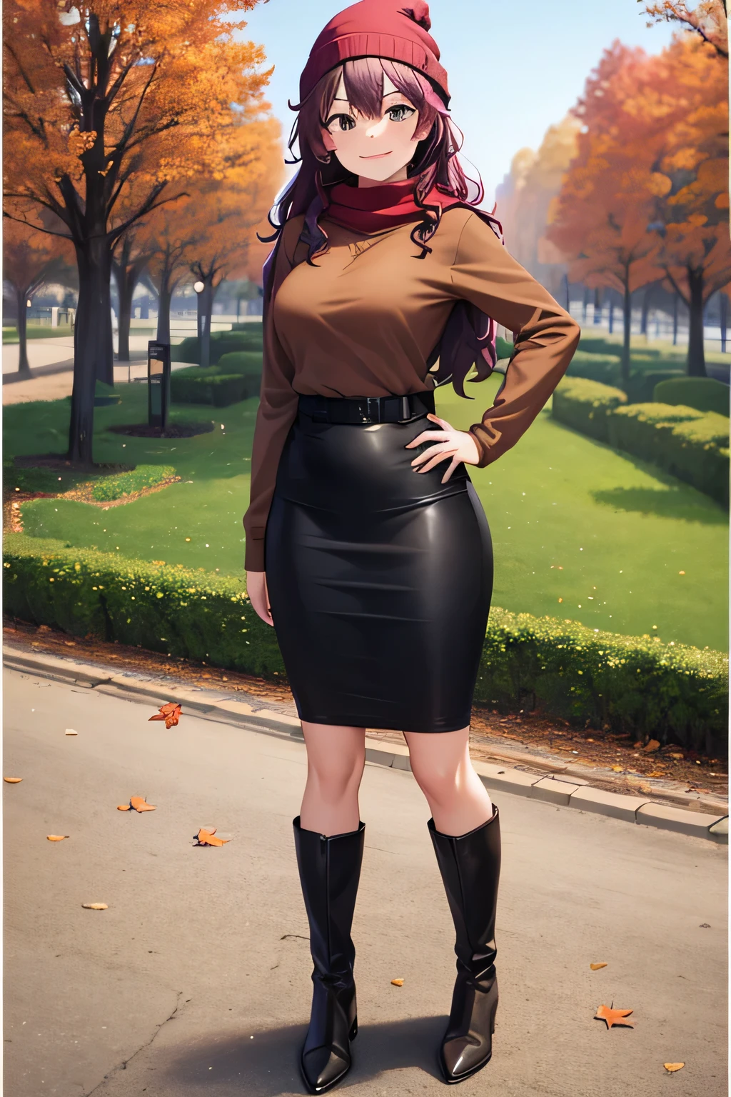 best quality, highres, beautiful woman looking at viewer, hand on hip, smiling, brown hoodie, black midi pencil skirt, pencil skirt, beanie, leather boots, red scarf, full body, medium purple hair, wavy hair, garden, fall evening, trees, leaves falling, park, flowers