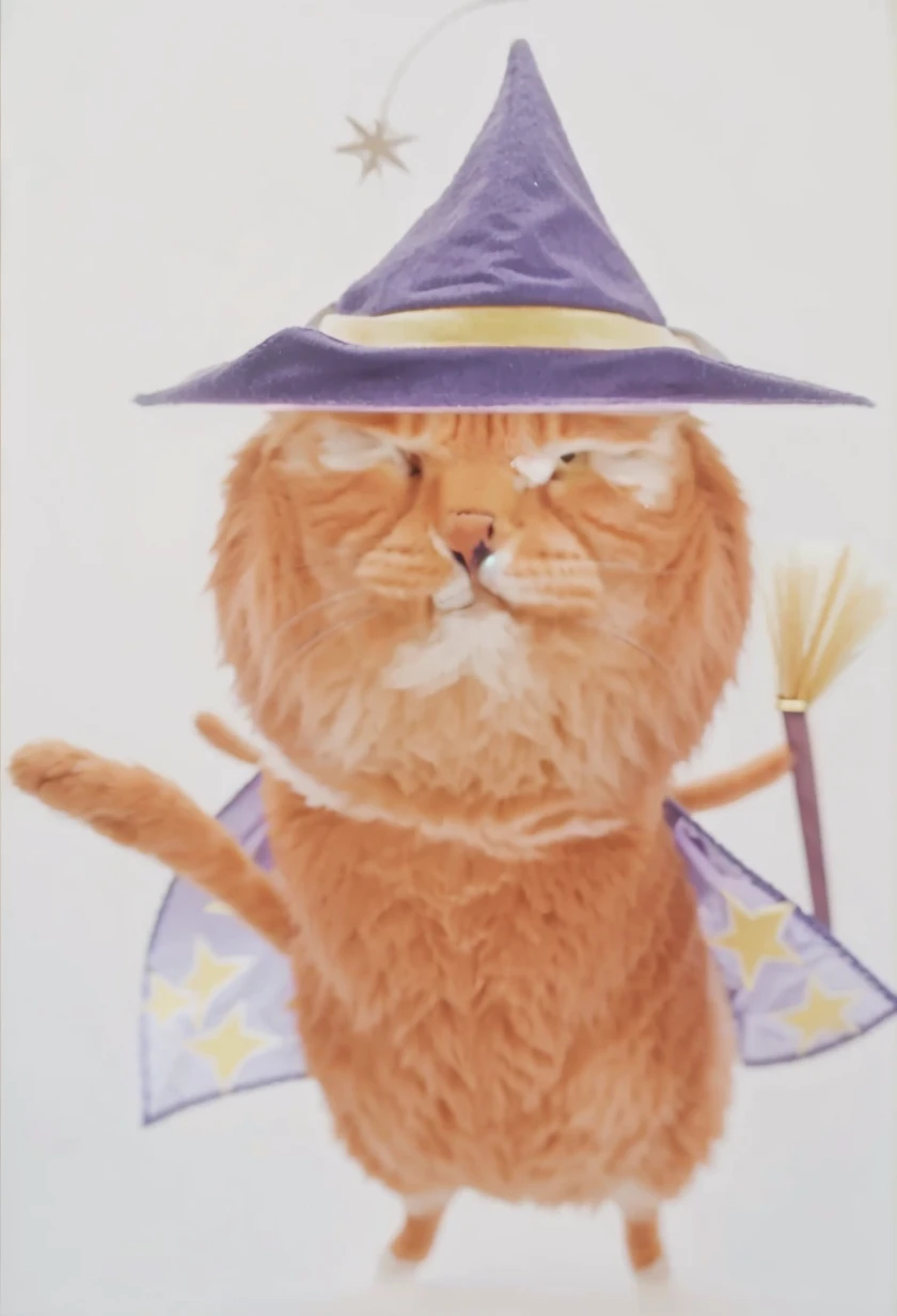 An orange cat in a purple cloak and a purple pointed magic hat, and a magician with a magic wand in his hand