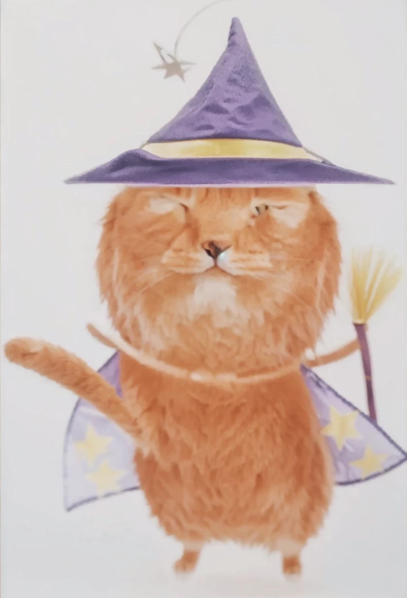 An orange cat in a purple cloak and a purple pointed magic hat, and a magician with a magic wand in his hand
