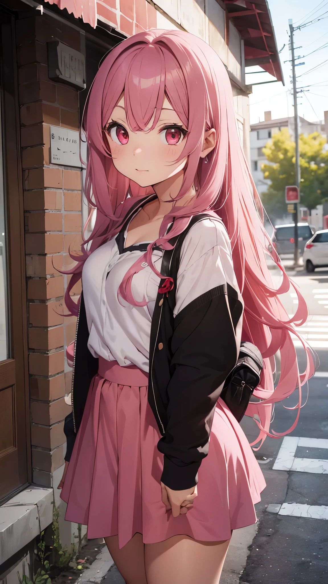 Girl with long wavy pink hair, with red eyes, dressed in cute clothes in high school. With her boyfriend, un chico de cabello negro with red eyes.