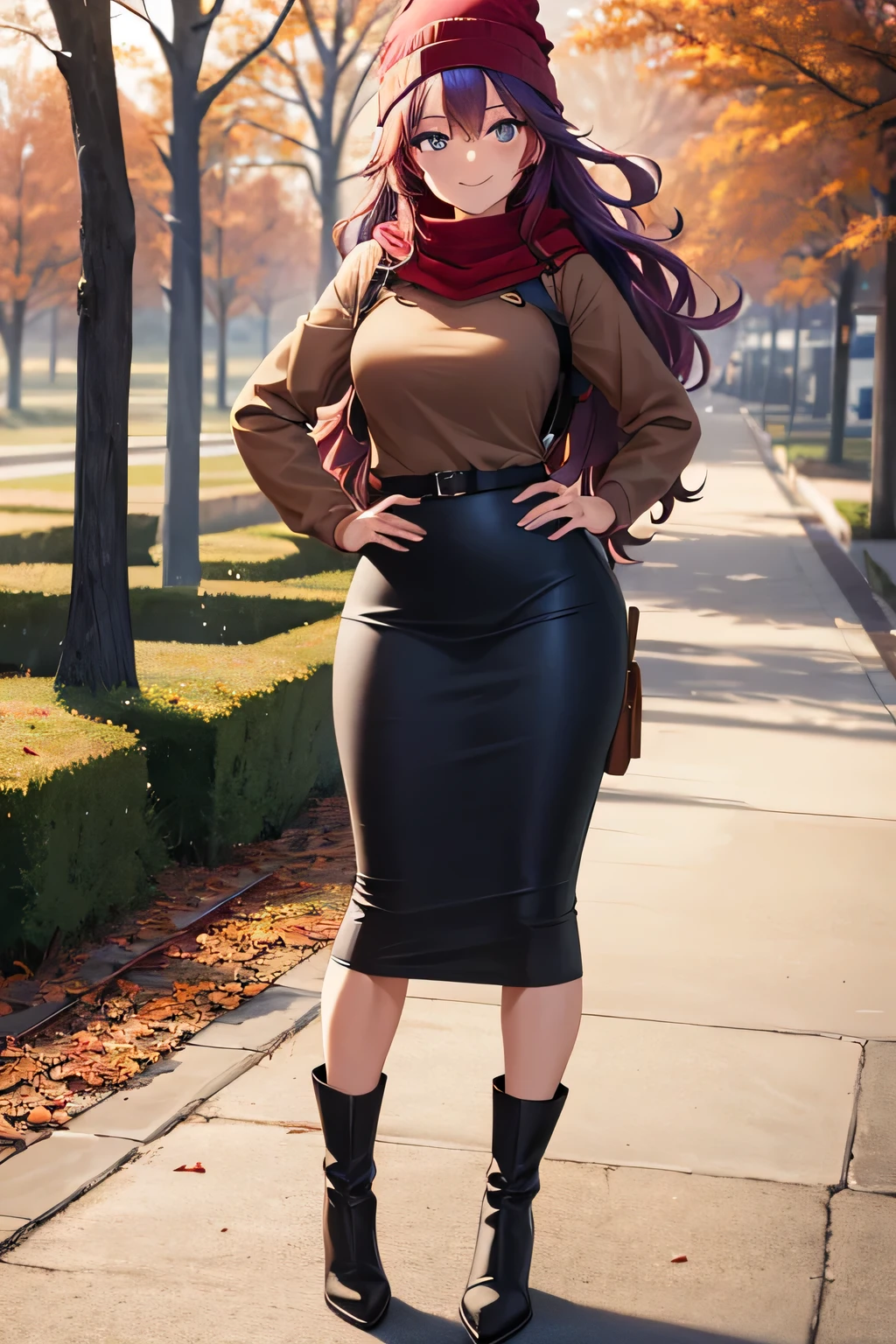 ((masterpiece, best quality)), highres, beautiful woman looking at viewer, hand on hip, wide hips, smiling, brown hoodie, black midi pencil skirt, pencil skirt, red beanie, leather boots, red scarf, full body, medium purple hair, wavy hair, garden, fall evening, sunset, trees, leaves falling, park, flowers