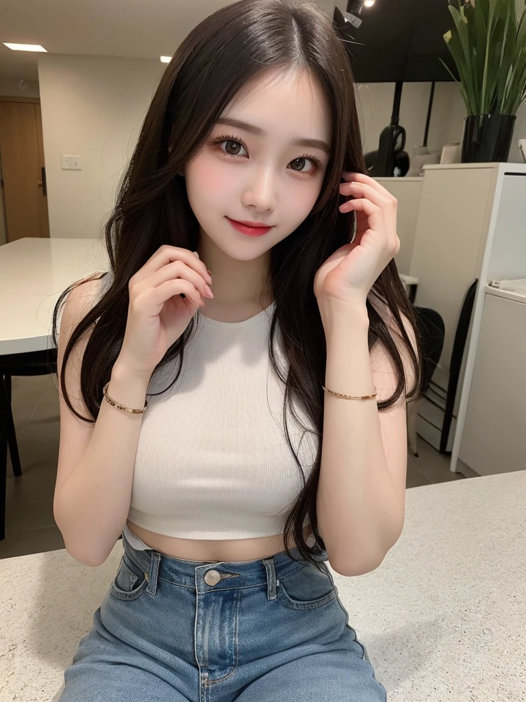 Tabletop, highest quality, shape, Very detailed, finely, High resolution, 8k wallpaper, Perfect dynamic shape, Beautiful and detailed, Nice spring clothes,Beautiful straight hair,Small breasts,Natural color lip, 20-year-old girl、cute、sexy shot looking at camera,Always blur the background,Perfect and beautiful face,Beautiful and dense face、Slim face and figure,Big eyes、Putting on gal makeup,Actual Photos(Best image quality)、Sexy Face、Fashion model posing、full body shot、smile、Sheer tops perfect for spring、Shorts、walk
