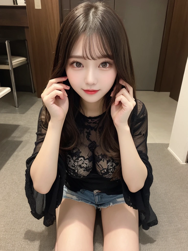 On the table、best quality、Photorealism、Finely、high resolution、８wallpaper、Perfect dynamic posture、Beautiful slender eyes and long hair、（Big breasts 1.2）、casual sexy pose、Random situations、Selfie Angle，Looking at the camera，（Tight round neck black mesh lace shirt）、、Gentle smile、50 years old、（Perfect Eyes 1.3）、Mature adult beauties、Japanese、