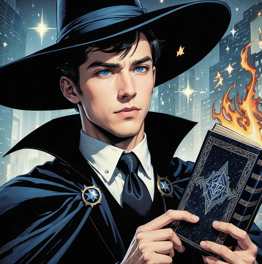 American classic comic book art: handsome young man, black short hair, navy blue wizard hat, navy black suit, fire magic, holding a blue magic book, blue eyes, elegant, city, wide sleeves, creating spells, library.