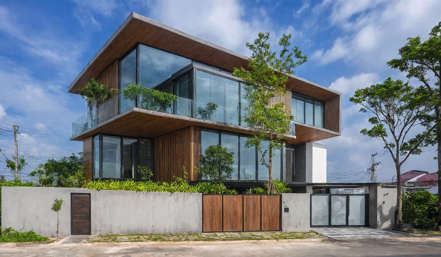 Modern villa on the street, (gloomy light:1.2), cây nhiệt đới, vivid colors, street landscape, Beautiful skies,  Gray concrete and wood walls, (large glass door:1.2), Warm interior lighting, modern materials, best quality, cực kỳ chân thực, masterpiece , 17archiai_Xl_VL-v1