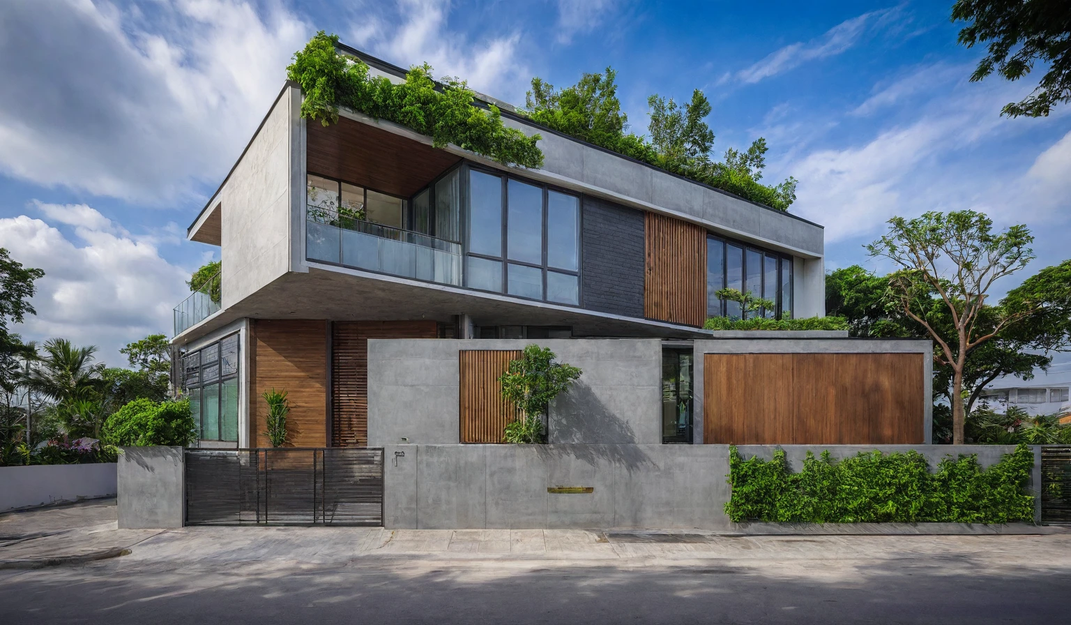 Modern villa on the street, (gloomy light:1.2), cây nhiệt đới, vivid colors, street landscape, Beautiful skies, Gray concrete and wood walls, (large glass door:1.2), Warm interior lighting, modern materials, best quality, cực kỳ chân thực, masterpiece , 17archiai_Xl_VL-v1
