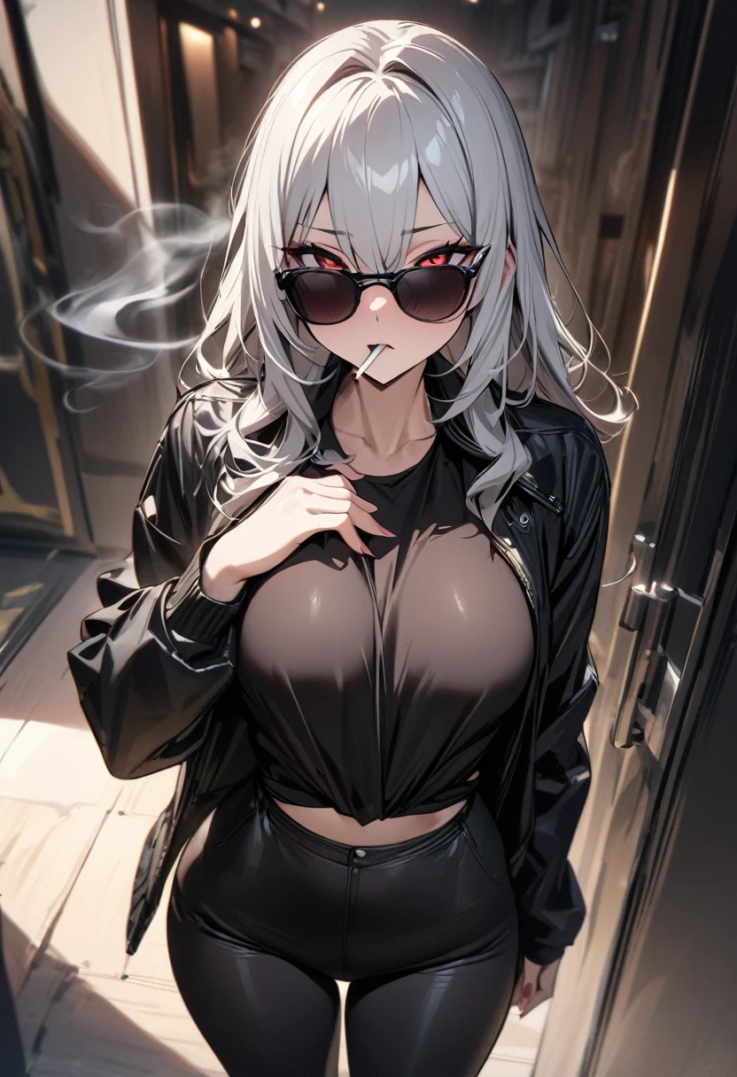 Masterpiece, best quality, aesthetic sense, high resolution, beautiful woman drawn in the best quality and detail, wearing a jacket, black tight pants, smoking a cigarette, long silver hair, red eyes, a woman with sunglasses shifted to reveal her eyes