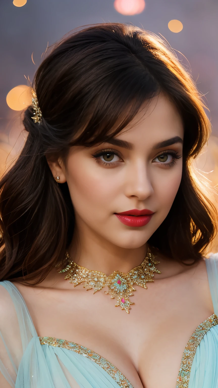 perfect pink eyes, fantastic face, Indian, beautiful look, ((red lips, bright eyes, curve heir 1.5)), ((beautiful details very big breast )), (Straight round and ultra huge clevage, not sagging breast), A glorious gorgeous, glorious gorgeous face, pretty face, bright eyes, detailed elegant printed hijab, updo elegant hair, blurred gray tones background, ultra focus, face ilumined, face detailed, 8k resolution, painted, dry brush, brush strokes, razumov style and garmash style, by Tokaito, (fluorescent colours:1.4),(semi transparent:1.4),(retro filters:1.4),(fanciful:1.4),Candy World Disneyland Ethereal Soft Fluffy Soft Landscape Forest Snowflake Pale Pink Sky Green Blue Sparkling Ethereal Light Soft Whimsical Light Rainbow Stars Diamond Sparkle Gemstone Background Ultra Realistic Ultra High Quality Cinematic Lighting Huge Details Full HD Painting Plenty of light,diagonal bangs, Dress with collar,side masterpiece, best qualityer,realskin,(sportrait:1.5), 1girll, bluntbangs, long whitr hair,