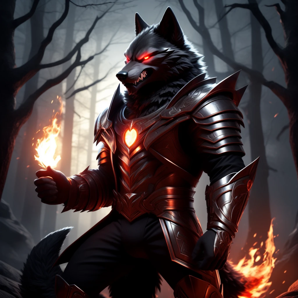 Posing, Male, 30 years old, evil grin, suit of gothic armour, bedroom eyes, anthro, wolf ears, (blakck fur:1.5), wolf, forest background at night, 8k, hi res, (best quality, masterpiece), red glowing eyes, (wolf tail:1.5), detailed fur, fire,