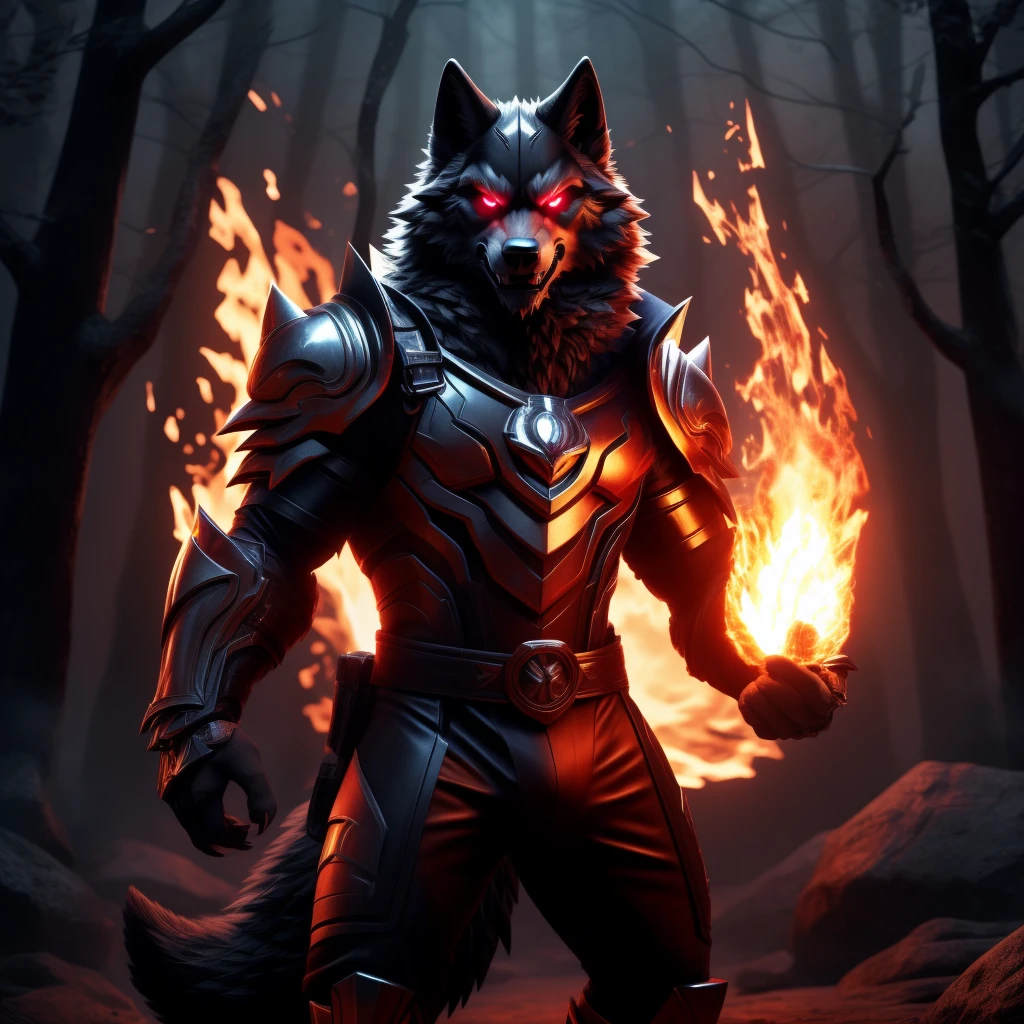Posing, Male, 30 years old, evil grin, suit of gothic armour, bedroom eyes, anthro, wolf ears, (blakck fur:1.5), wolf, forest background at night, 8k, hi res, (best quality, masterpiece), red glowing eyes, (wolf tail:1.5), detailed fur, fire,