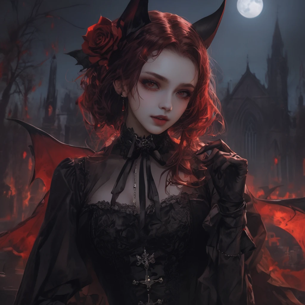 Midnight Cemetery、dawn、Red full moon、darkRedVampire、red and black bat、Red rain、Batware、Put on the bat、Bat Costume、Gothic Dress、Open your mouth、Licking my tongue、Vampire Fangs、Fascinating美しさ、Fascinating、Black Rose、skull、Red eyes、八重teeth、teeth、Unnaturally pale skin、Black gloves, (Blood splatter:1.5)