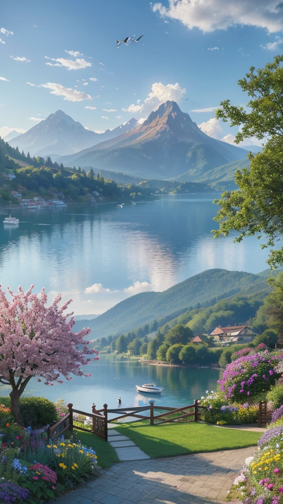 villa, Flowers by the fence, Roadside fence, Mountain landscape with lake and boats, Birds flying in the blue sky, Illustration Matte Paint, Thomas Kinkade (Thomas Kinkade) of inspiration, Symmetrical matte paint, Detailed scenery , Original style, 8K ultra-fine